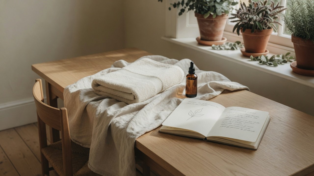 Linen, an amber bottle and an open notebook on oak, in daylight.