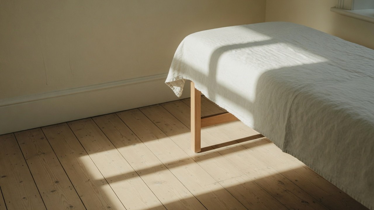 Morning light falling across oak floorboards and linen.