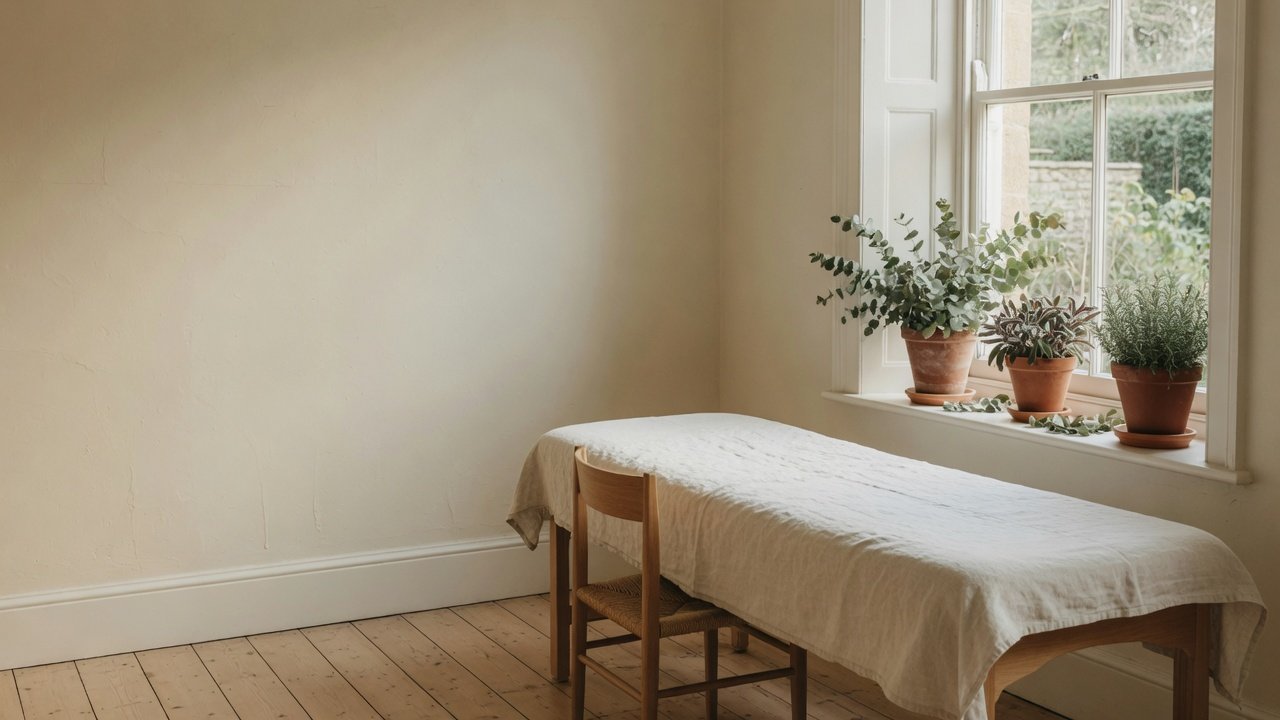 Linen-covered treatment table in a cream practice room.