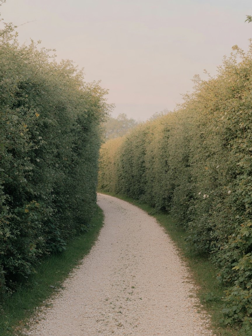 A pale gravel path between hedgerows in morning light.